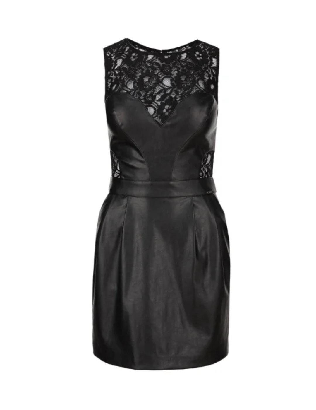 Vestido Guess manga sisa de polipiel y encaje negro de mujer
