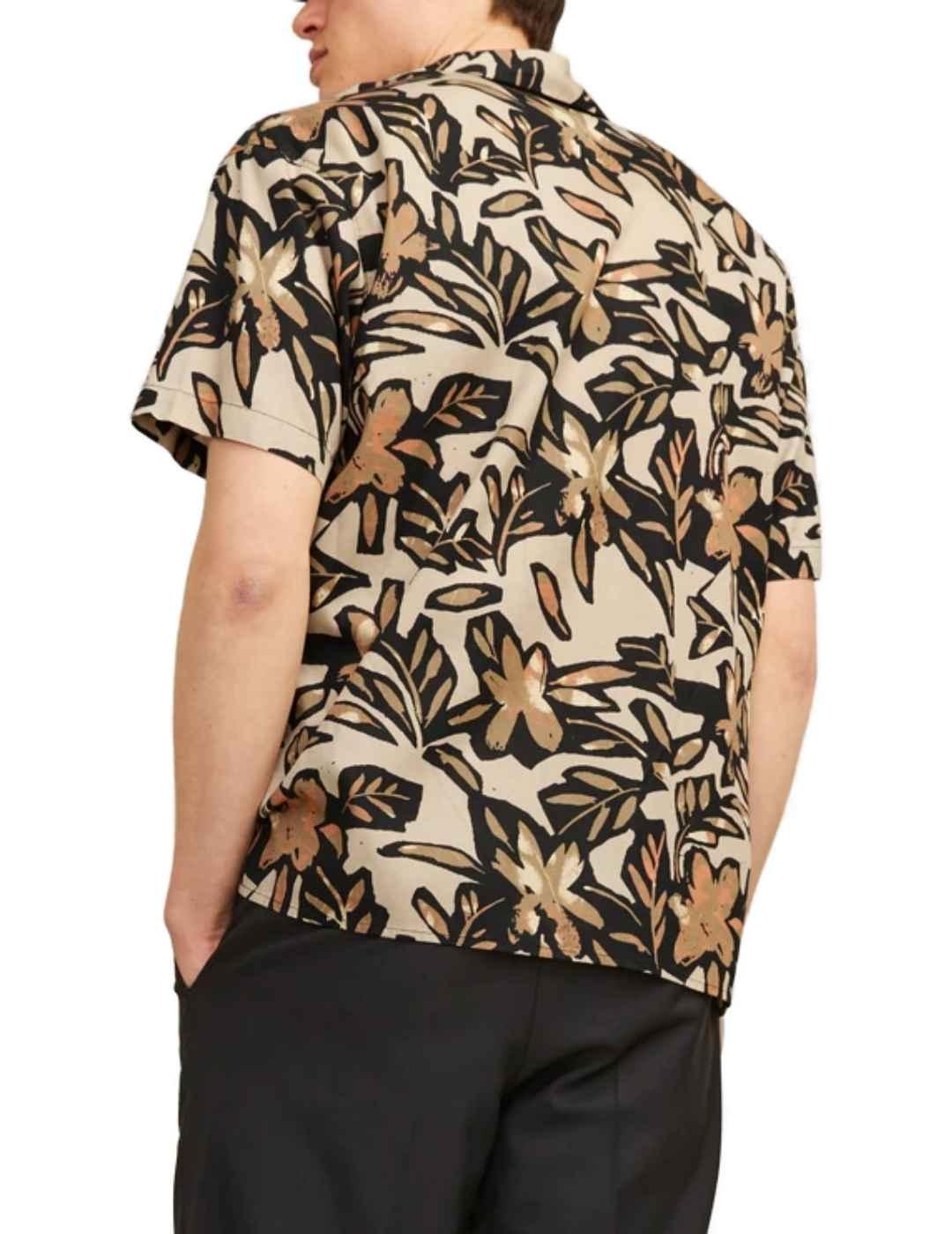 Camisa Jack&Jones Sequoia beige hojas negras para hombre