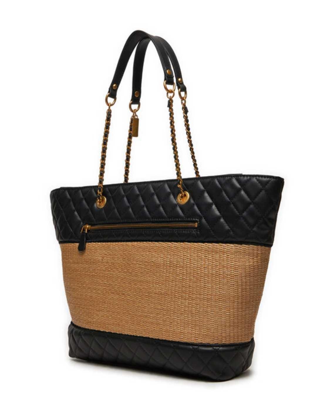 Bolso de hombro Guess Delfa tote beige y negro de mujer
