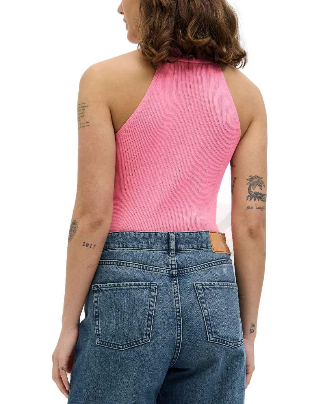 Camiseta básica JJXX Sofia rosa chicle cuello halter mujer