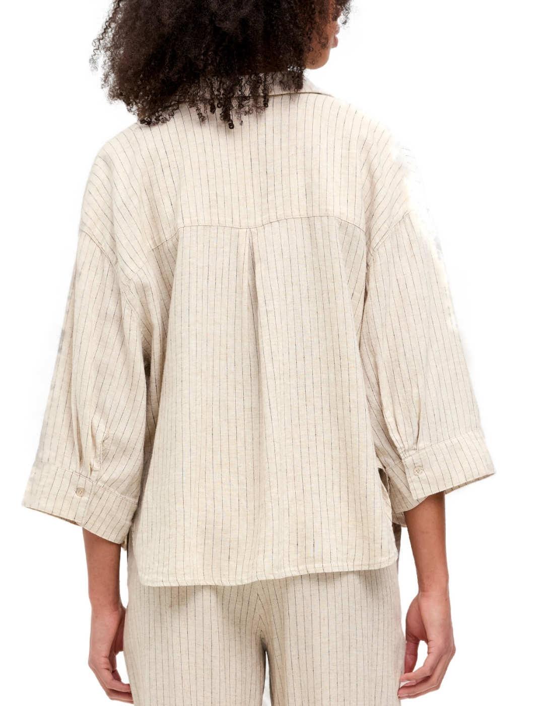 Camisa JJXX Breeze beige rayas lino manga 3/4 para mujer