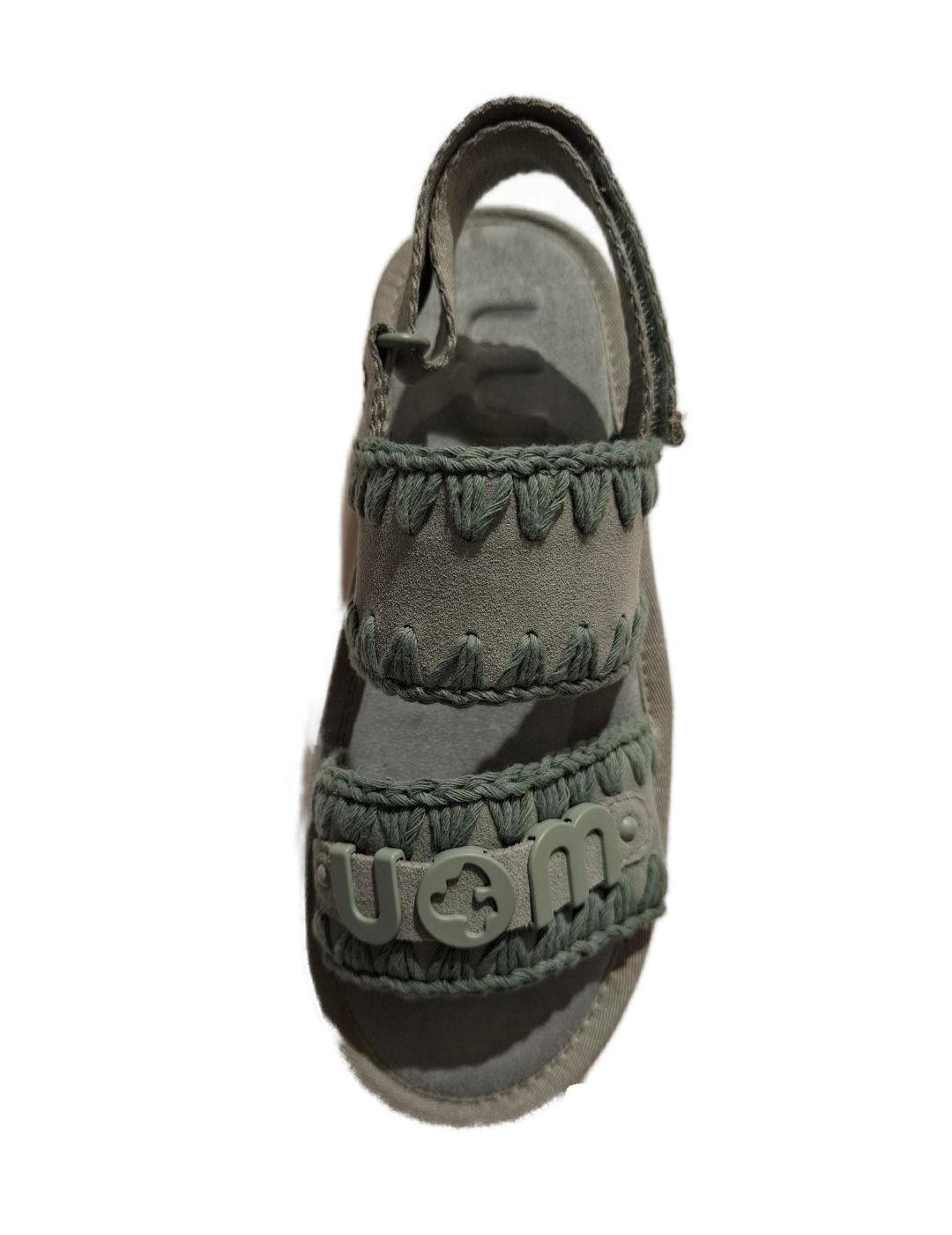 Sandalias Mou verde monocromática piel y bordados de mujer